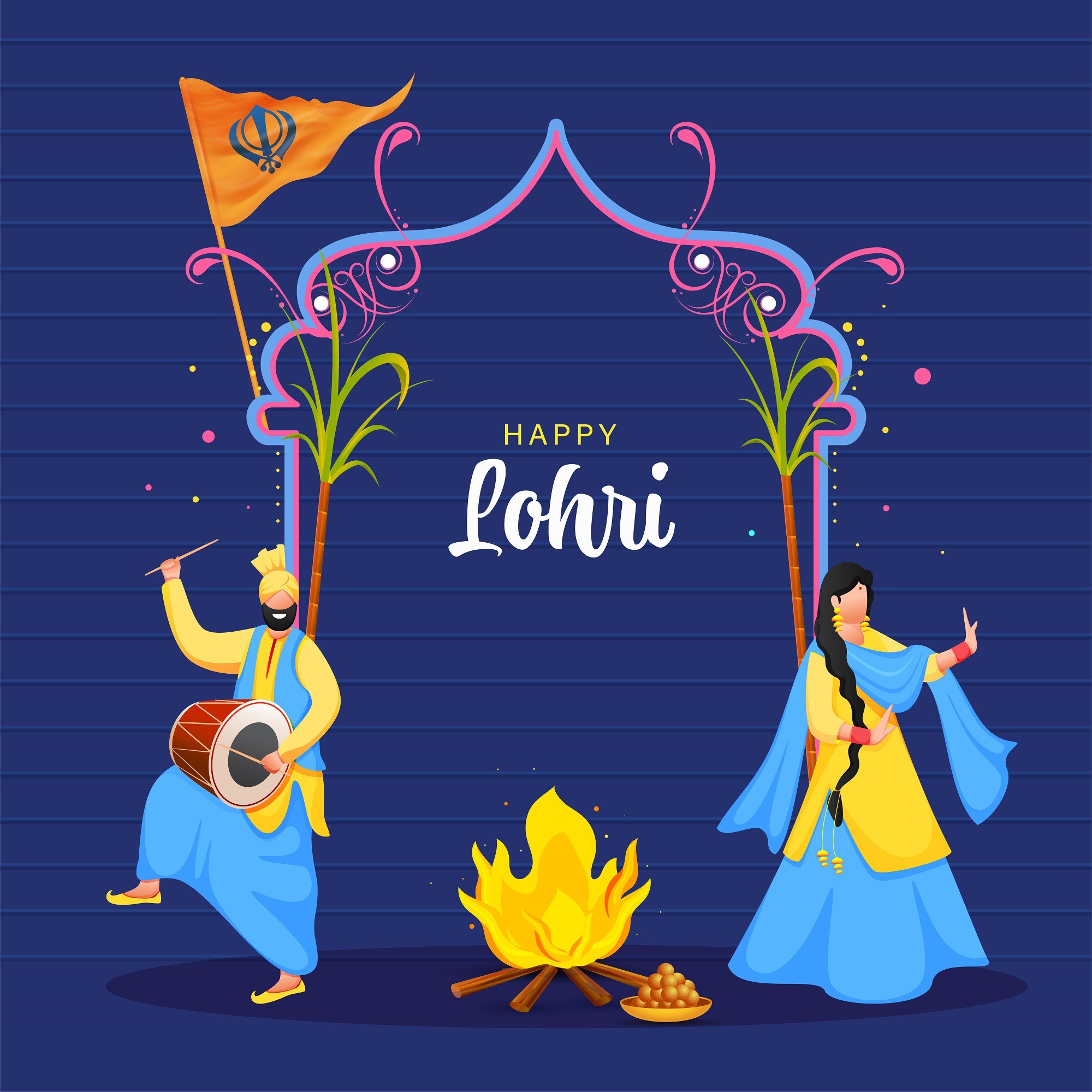 Happy Lohri text with blue background and two dancers