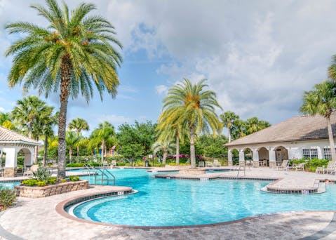Idyllic tropical resort featuring palm trees, tranquil poolside setting, and relaxing vacation vibes.
