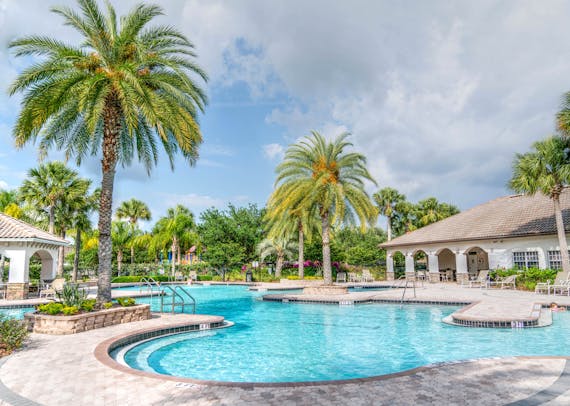 Idyllic tropical resort featuring palm trees, tranquil poolside setting, and relaxing vacation vibes.
