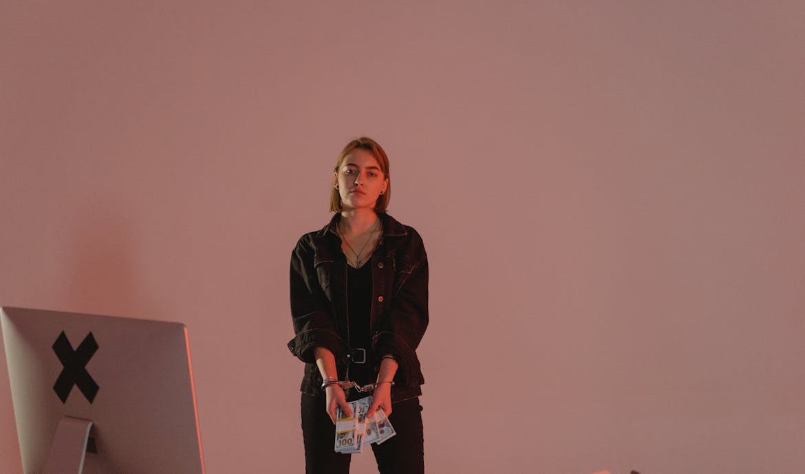 A young woman in handcuffs holding cash amidst a digital crime setup.